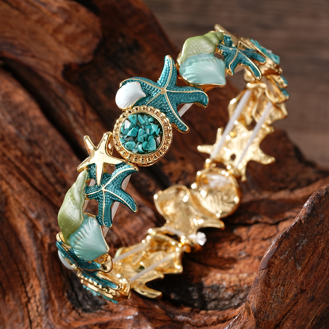 Boho Summer Coastal Starfish & Seashell Bracelet, Open Cuff